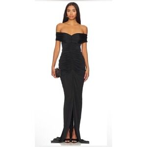 Yaura Tiara Dress Black Off The Shoulder Ruched Maxi Gown Slit UK 12 US 8